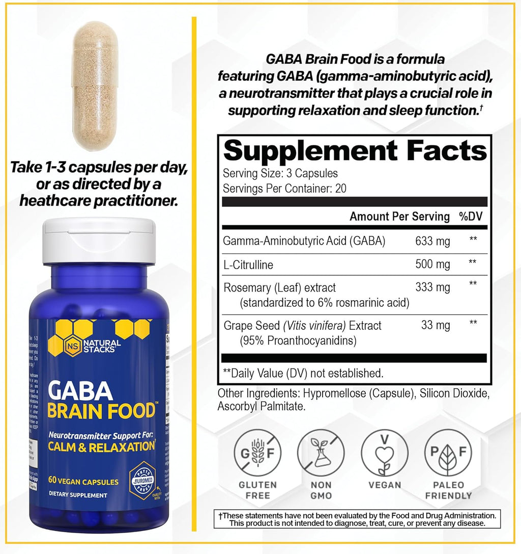 GABA Brain Food - GABA Supplement with L-Citrulline & Grape Seed Extract - Supports Calm & Relaxation - Nighttime Sleep Aid - Supports Production of Gamma Aminobutyric Acid - 60 L-Citrulline Capsules
