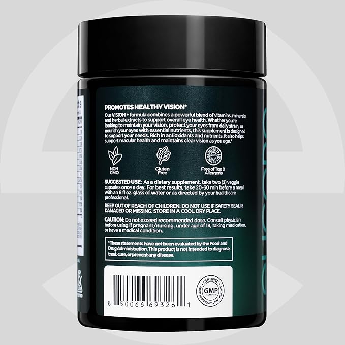 Vision+ Eye Support Blend Eye Vitamins and Mineral Supplement with Lutein, Zeaxanthin, Bilberry Extract, Vitamins A, C & E, Zinc & Copper - Support Eye Health & Clear Vision – 60 Veg Caps