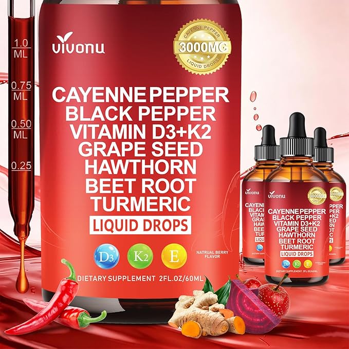 12 IN 1 Cayenne Pepper Drops Supplement, Liposomal Tech 98% Absorption, Supports* Leg Vein, Heart & Blood Vessel* Health, with Vitamin E D3+K2 & Extracts of Grape Seed, Hawthorn, Beetroot, Berberine