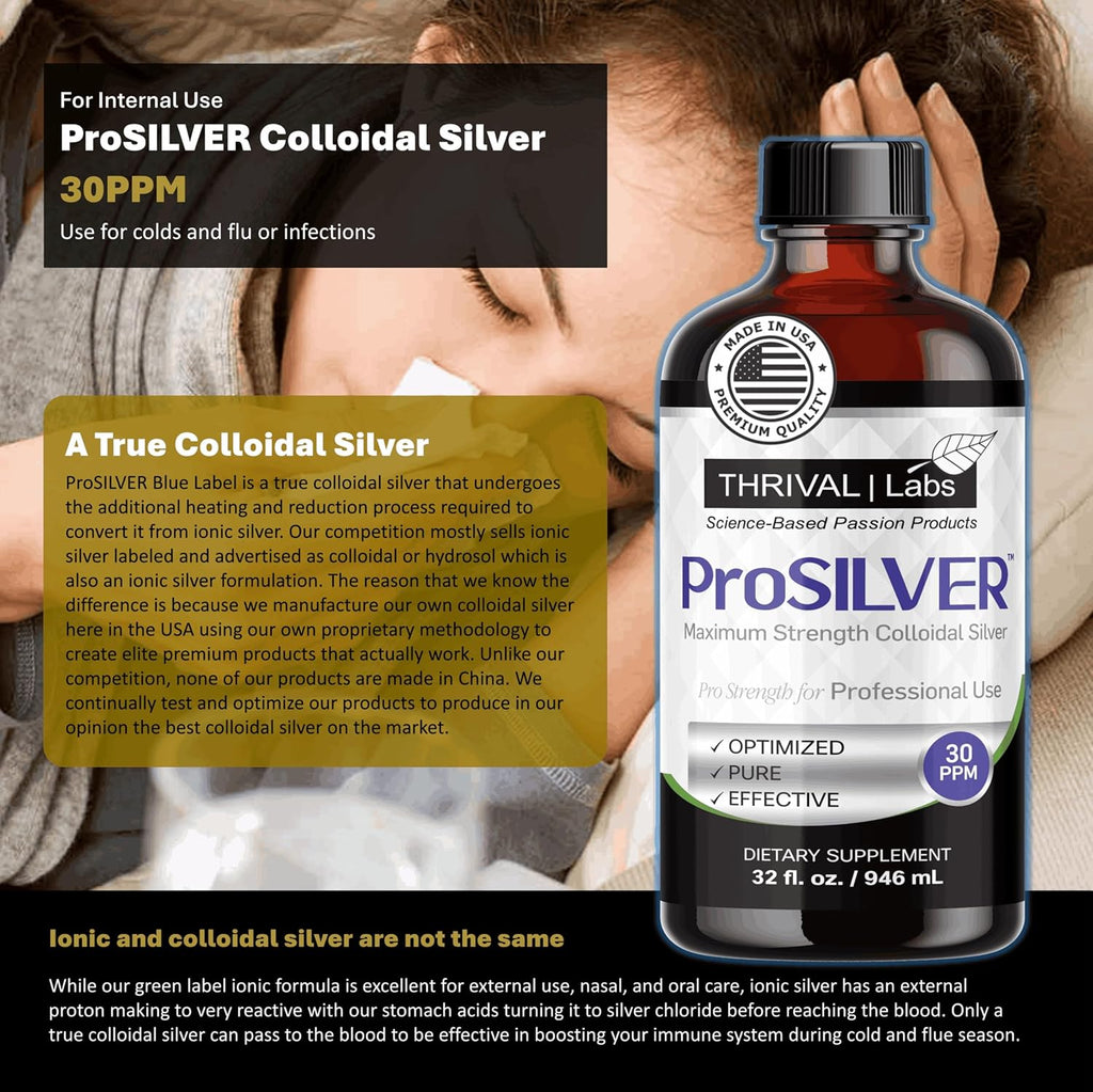 ProSILVER Black Label Pro-Strength Colloidal Silver for Immune Support, 30 PPM Maximum Strength for Professional Use, Dark Glass Bottle - Thrival Labs (16oz)