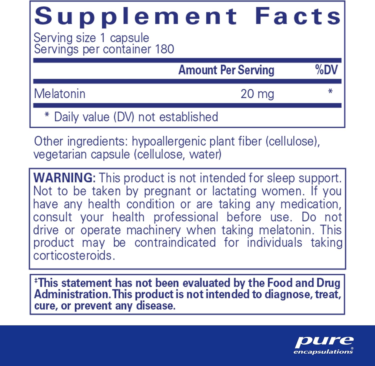 Pure Encapsulations Melatonin 20 mg - Not Intended for Sleep Support - for Immune System & Healthy Cells - 99.5% Purity Melatonin - Gluten Free & Non-GMO - 180 Capsules