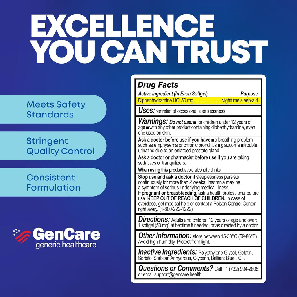 GenCare Maximum Strength Nighttime Sleep Aid Supplement for Adults Deep Sleep Pills with Diphenhydramine HCl 50mg to Fall Asleep Faster- Strong Non-Habit Forming PM Sleeping [96 Softgels] (Pack of 2)