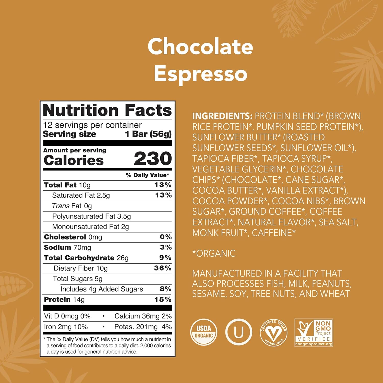 ALOHA Organic Plant Based Protein Bars - Chocolate Espresso (85mg Caffeine) - 12 Bars, Vegan, Low Sugar, Gluten-Free, Paleo, Low Carb, Non-GMO, No Stevia, No Erythritol