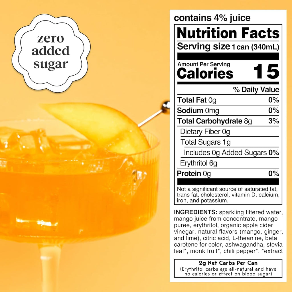 Moment Botanical Soda Soft Drink (Shark Tank) - SPARKLING Drinks | Mango Glow | L-Theanine & Ashwagandha for Calm & Clarity | 0 Added Sugar 0 Caffeine | 12-pack