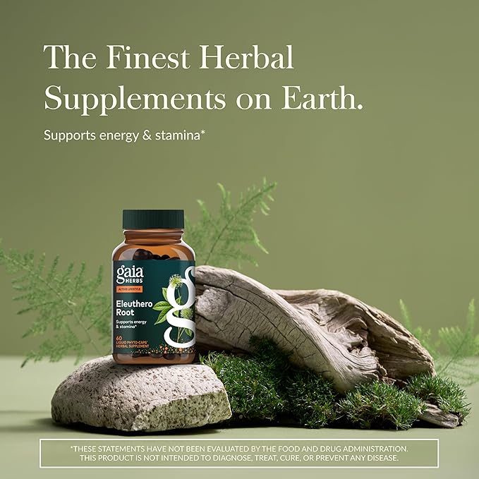 Gaia Herbs Eleuthero Root - Energy, Stamina & Mental Endurance Support* - Eleuthero Root (Siberian Ginseng) Adaptogen Herbal Supplement - 60 Vegan Liquid Phyto-Capsules (60 Servings)