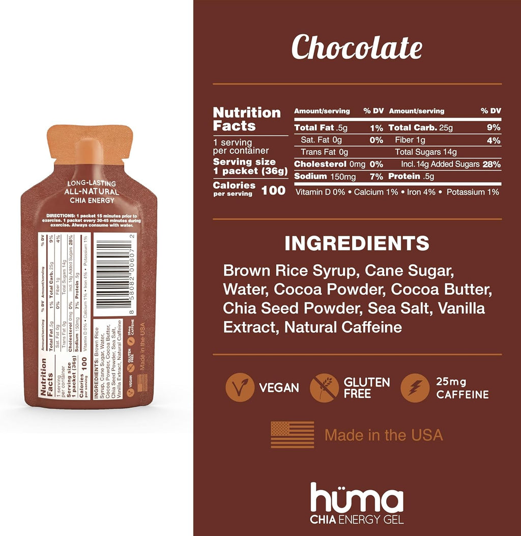 Huma Chia Energy Gel, Chocolate, 12 Gels, 25mg Caffeine - Premier Sports Nutrition for Endurance Exercise