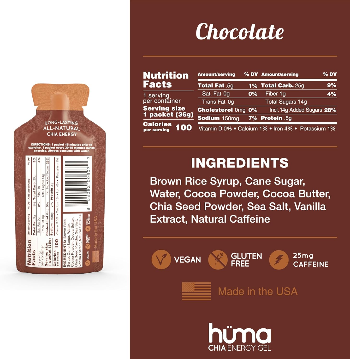 Huma Chia Energy Gel, Chocolate, 12 Gels, 25mg Caffeine - Premier Sports Nutrition for Endurance Exercise