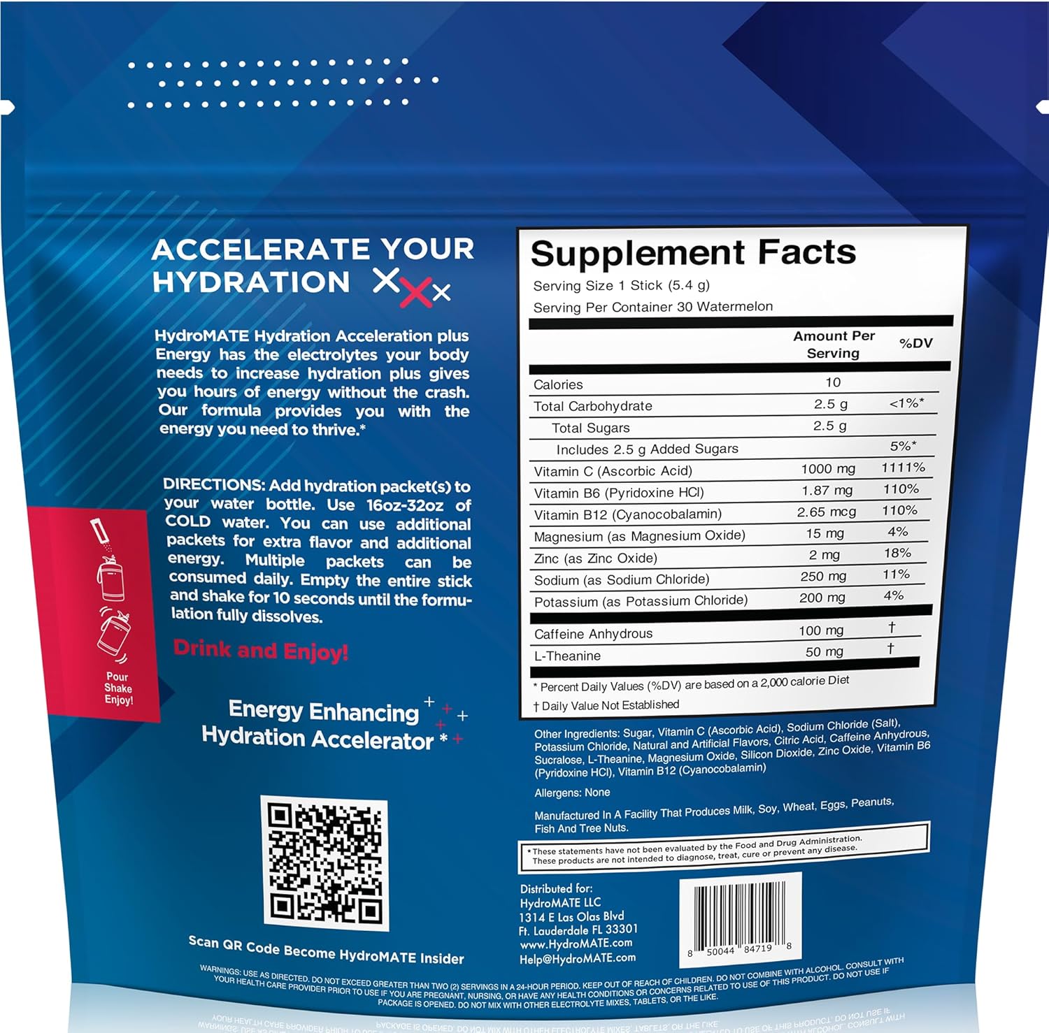 HydroMATE Electrolytes Powder Drink Mix Packets Hydration Accelerator Low Sugar Rapid Party Relief Recovery Vitamin C Plus Caffeine Watermelon 30 Count
