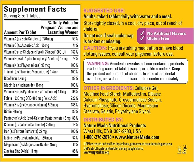 Nature Made Prenatal Multivitamin with Folic Acid, Vitamin & Mineral Supplement, Daily Nutritional Support, Prenatal Vitamins for Women, 90 Tablets, 90 Day Supply