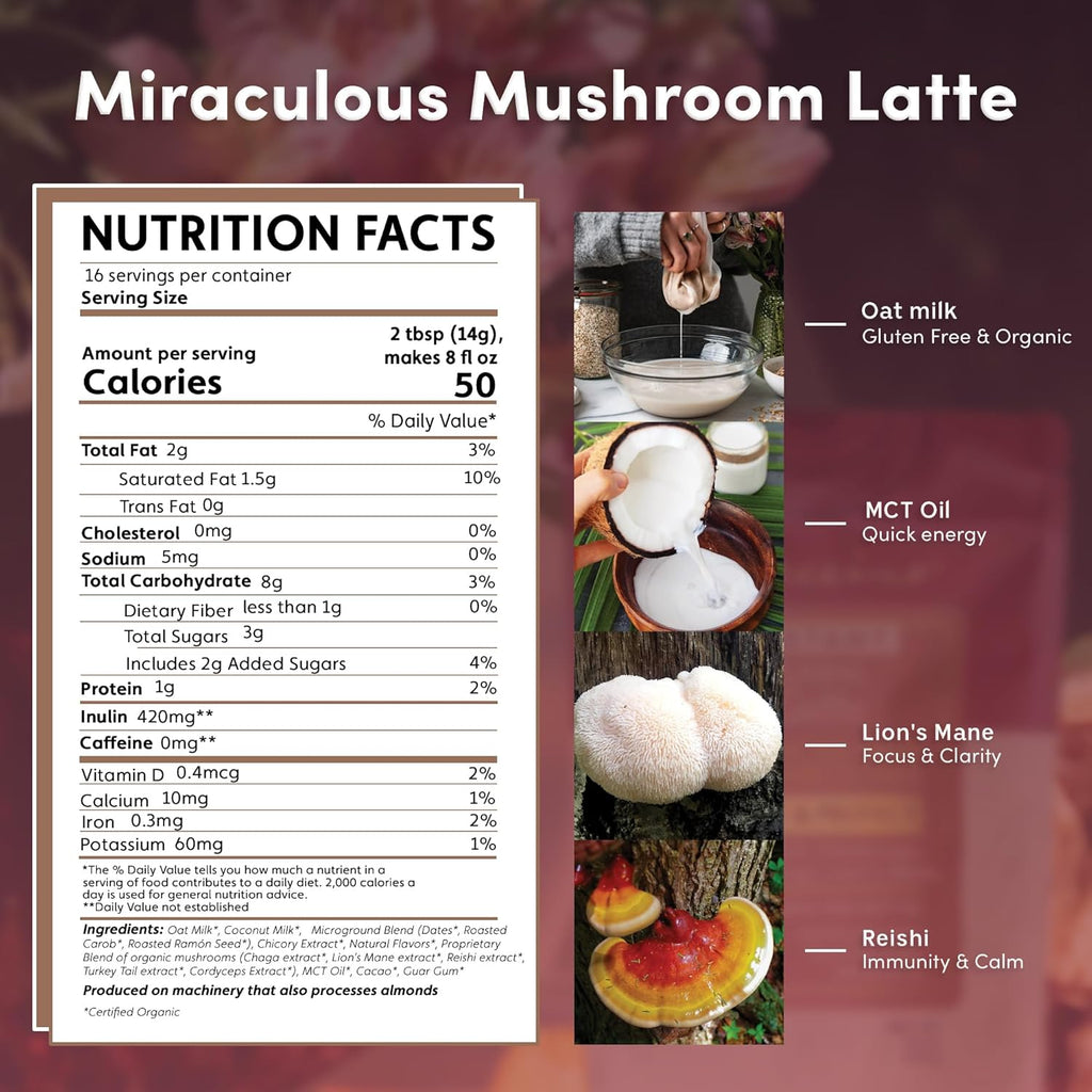 Miraculous Mushrooms Instant Adapt & Protect Herbal Latte By Teeccino – 16 servings -  Creamy Oat & Coconut Latte with Microground Herbs plus Reishi, Lion’s Mane, Chaga, Turkey Tail, Cordyceps - Caffeine Free, Prebiotic – 7.9 ounces