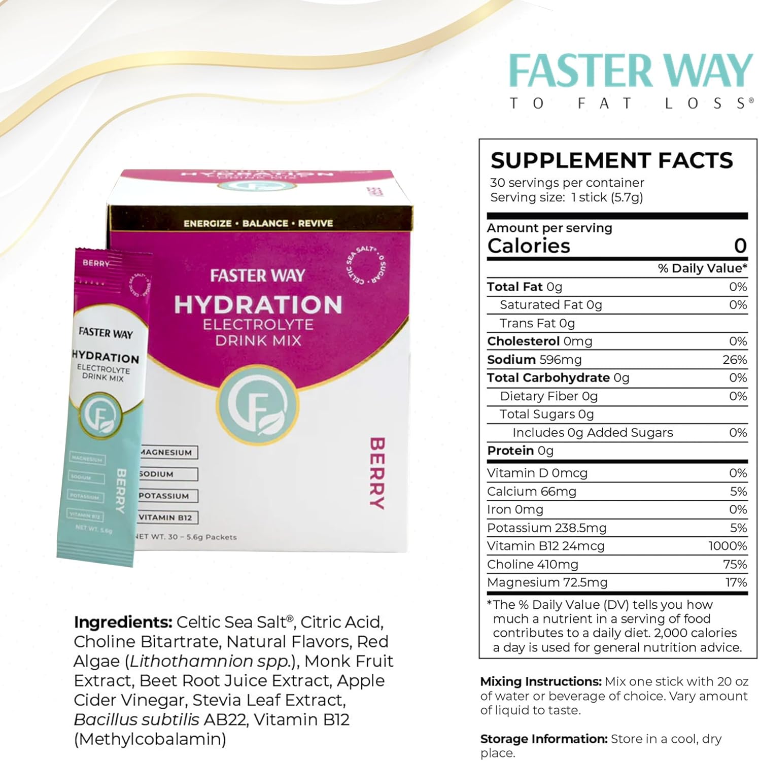 Faster Way - Hydration - Electrolyte Drink Mix - with Apple Cider Vinegar, Choline, Probiotics & Natural B Vitamins - Energize & Revive - Powder Packets - Zero Sugars - Gluten Free - Berry - 30 Pack