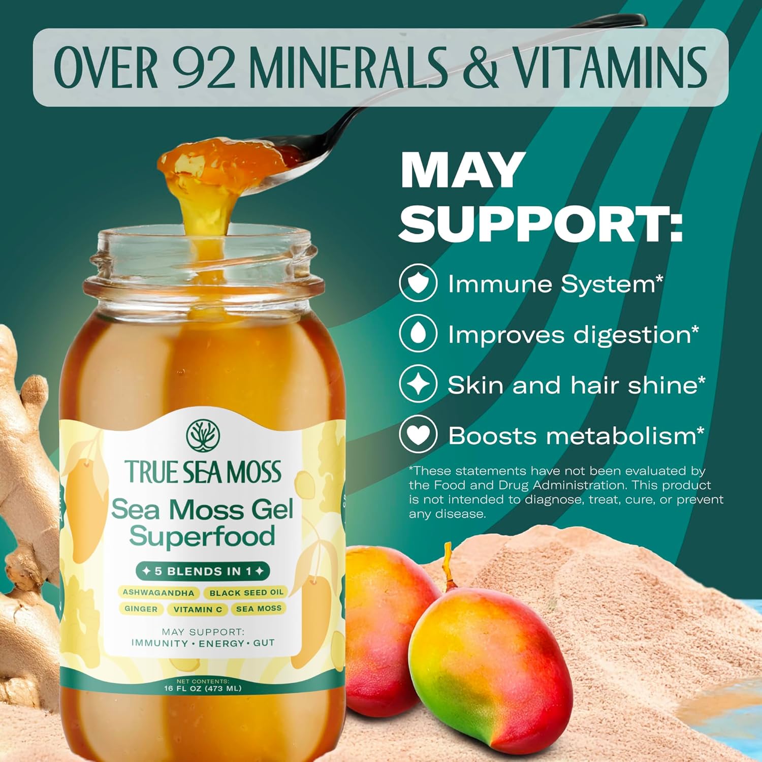 TrueSeaMoss Sea Moss Gel – Made in USA – 5-in-1 Formula – Wildcrafted Seamoss, Ashwagandha & Sea Vegetables – Ashwagandha, Pack of 3 (Labels may Vary)