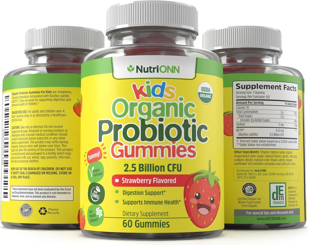 Organic Kids Probiotic Gummies - USDA Organic Chewable Probiotics for Kids - 60 Delicious Gummies - Child Digestive, Immune Support & Gut Health Supplement - Vegan & Non-GMO