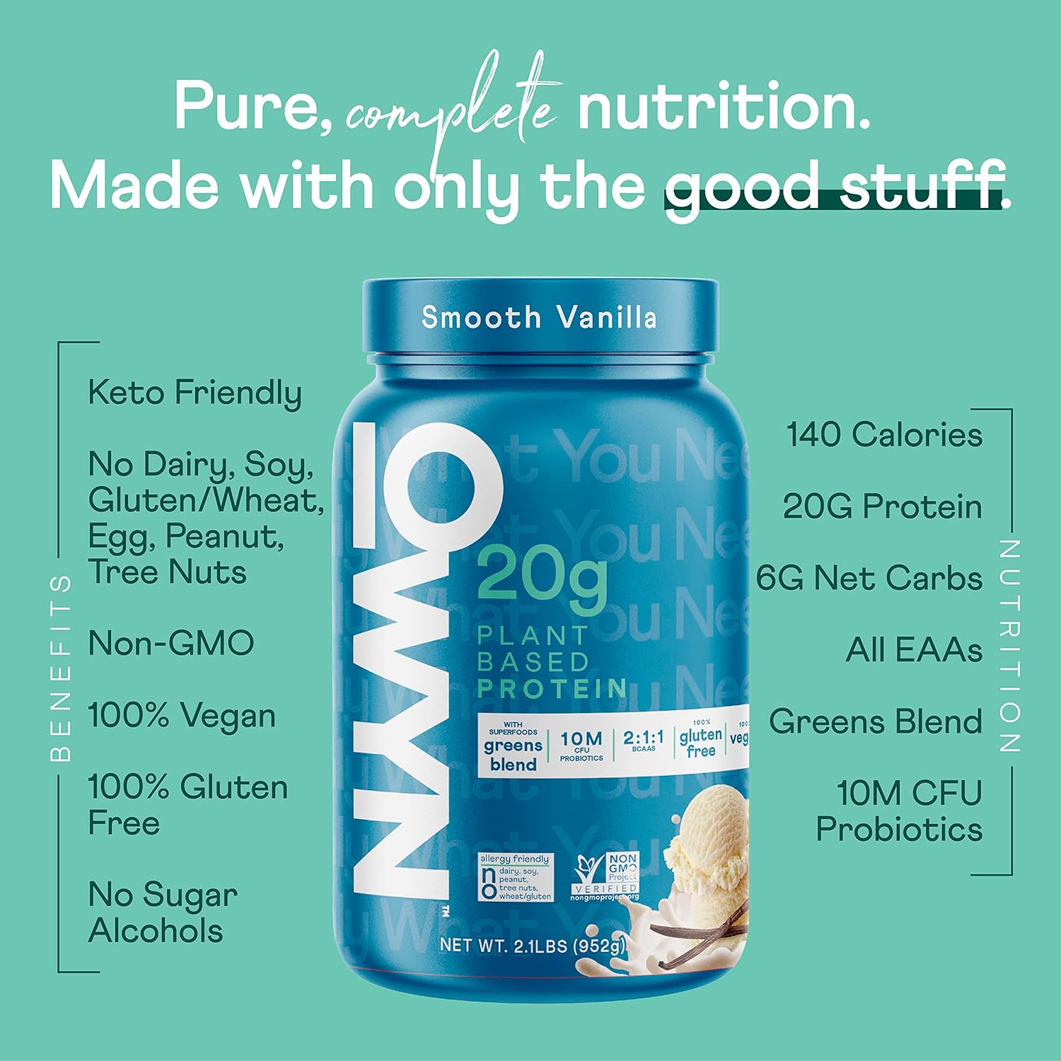 OWYN Only What You Need Dairy Free Protein Powder with 20g Protein, Probiotics, Superfoods Greens, Pea, Chia and Pumpkin Seed Blend (Smooth Vanilla, 2.1 Pound - Pack of 1)