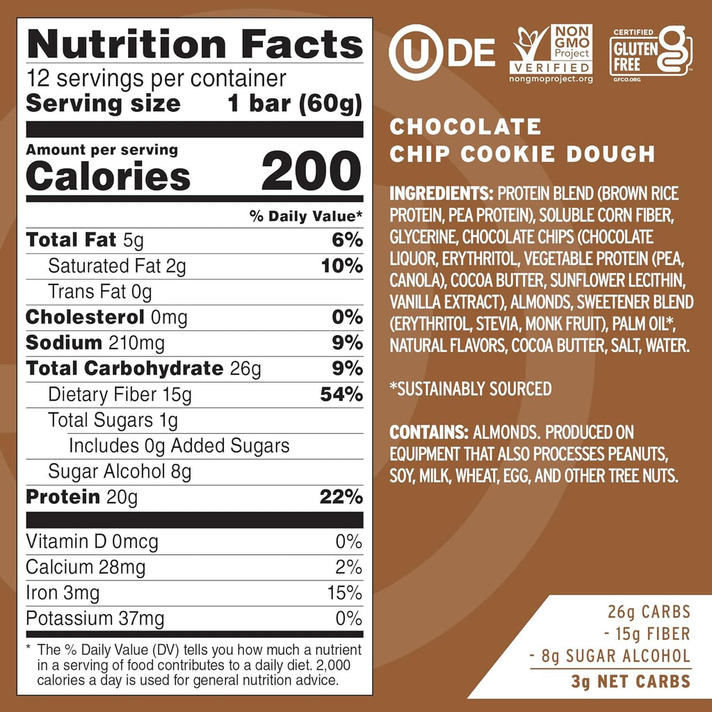 No Cow Vegan Protein Bars, Upgraded Chocolate Chip Cookie Dough | 20g Plant Based Protein, Gluten Free, Dairy Free, Soy Free, Keto Friendly, Low Sugar, High Fiber Snack Bars | Pack of 12