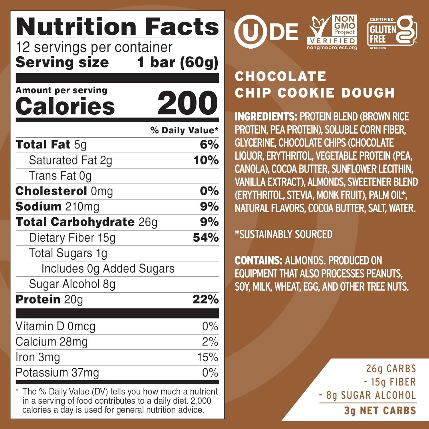 No Cow Vegan Protein Bars, Upgraded Chocolate Chip Cookie Dough | 20g Plant Based Protein, Gluten Free, Dairy Free, Soy Free, Keto Friendly, Low Sugar, High Fiber Snack Bars | Pack of 12
