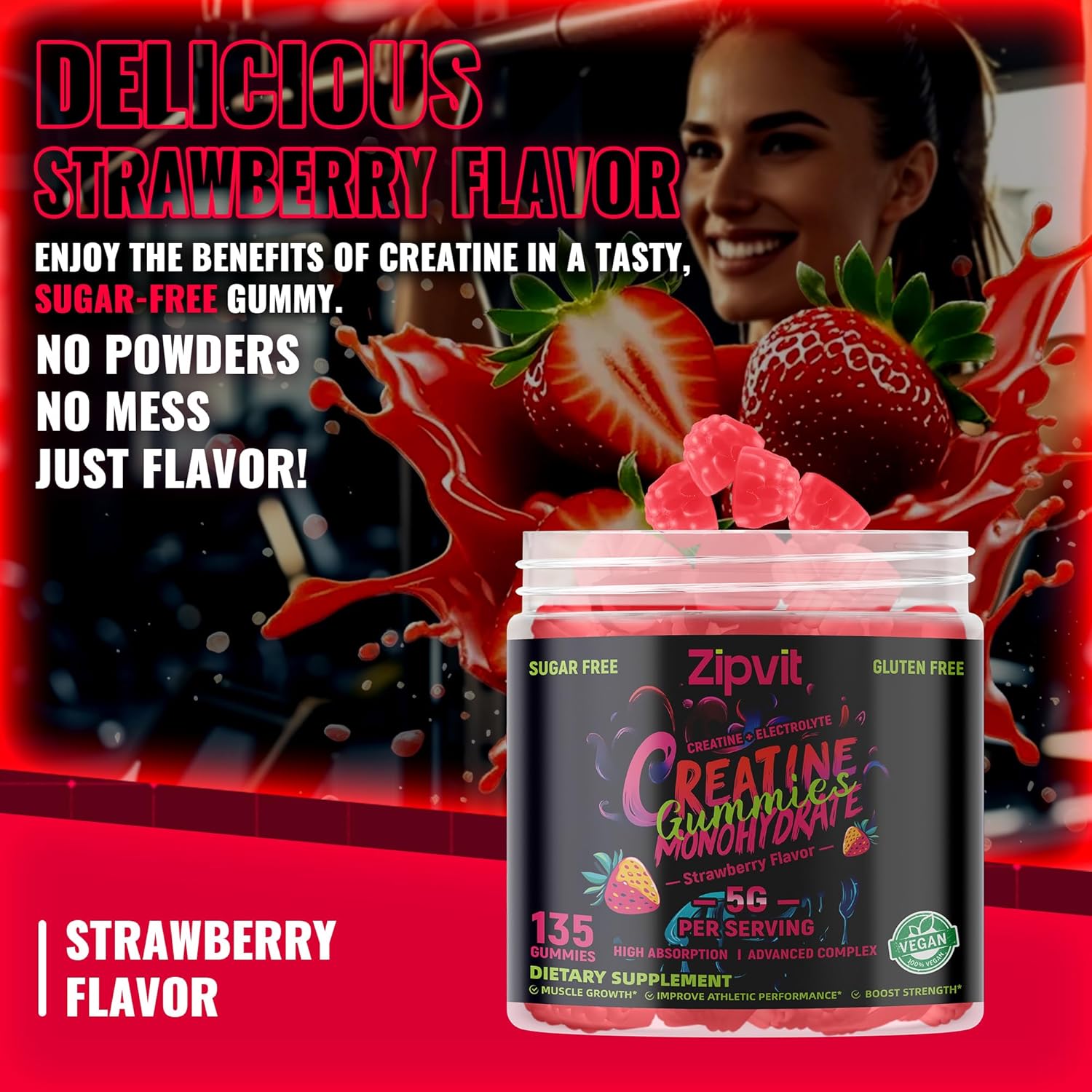 Zipvit Creatine Monohydrate Gummies (5g) – Pre-Workout Energy & Muscle Growth Support for Men & Women | Strawberry Electrolyte Gummies (135 Count)