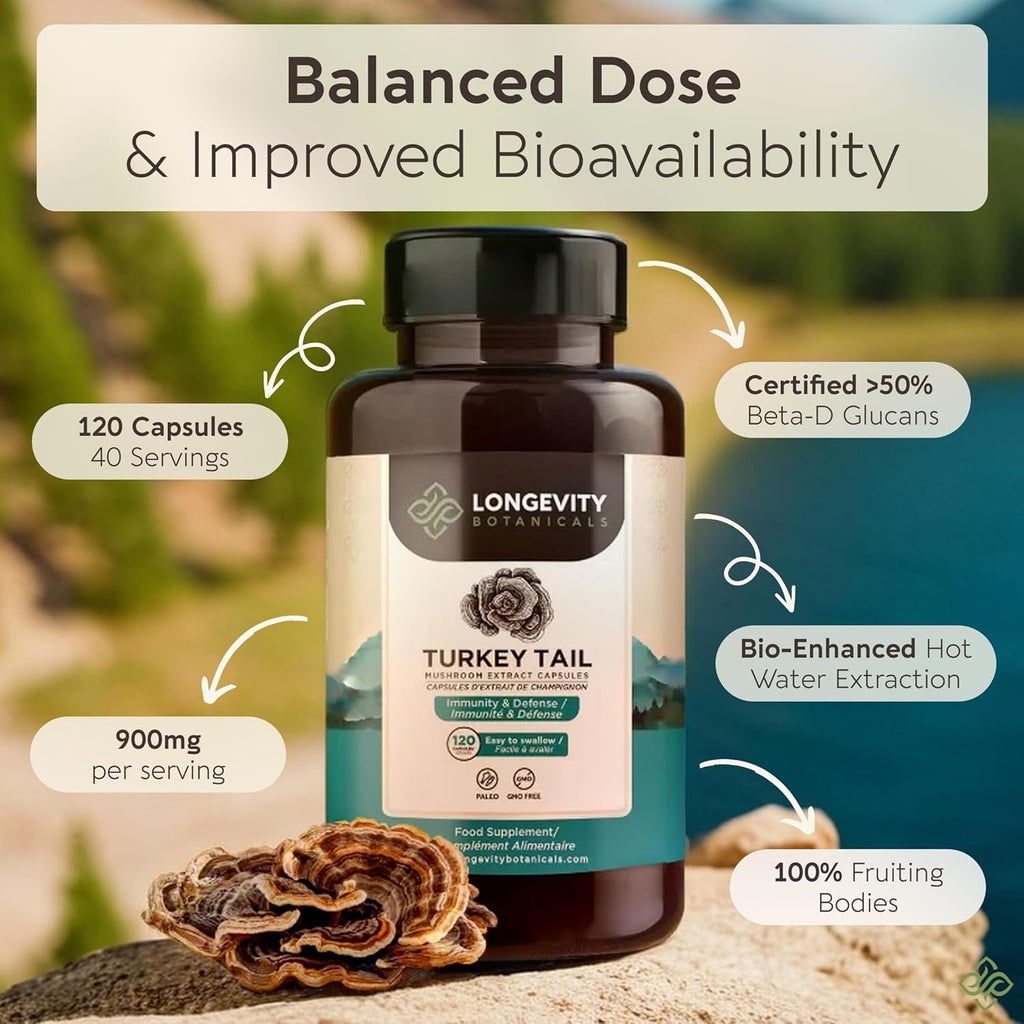 Organic Turkey Tail Mushroom Capsules Supplement (120) | Pure Fruiting Body 10:1 High Strength Extract | 50% Beta-D Glucans | 9,000mg Raw Equivalent Per Serving | Immune, Gut & Microbiome Support