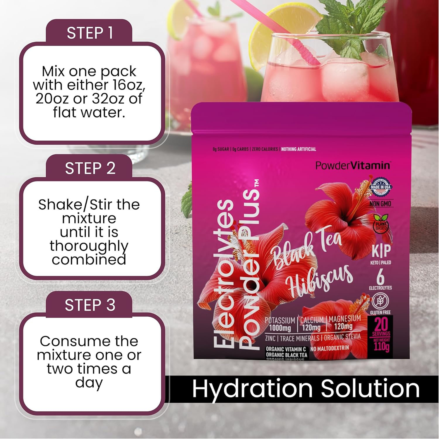 PowderVitamin Electrolytes Powder Plus (20 Servings) Black Tea Hibiscus Electrolyte Powder Keto, Sugar Free, Pink Himalayan Salt,1000mg Potassium,120mg Calcium,120mg Magnesium, Hydration Powder