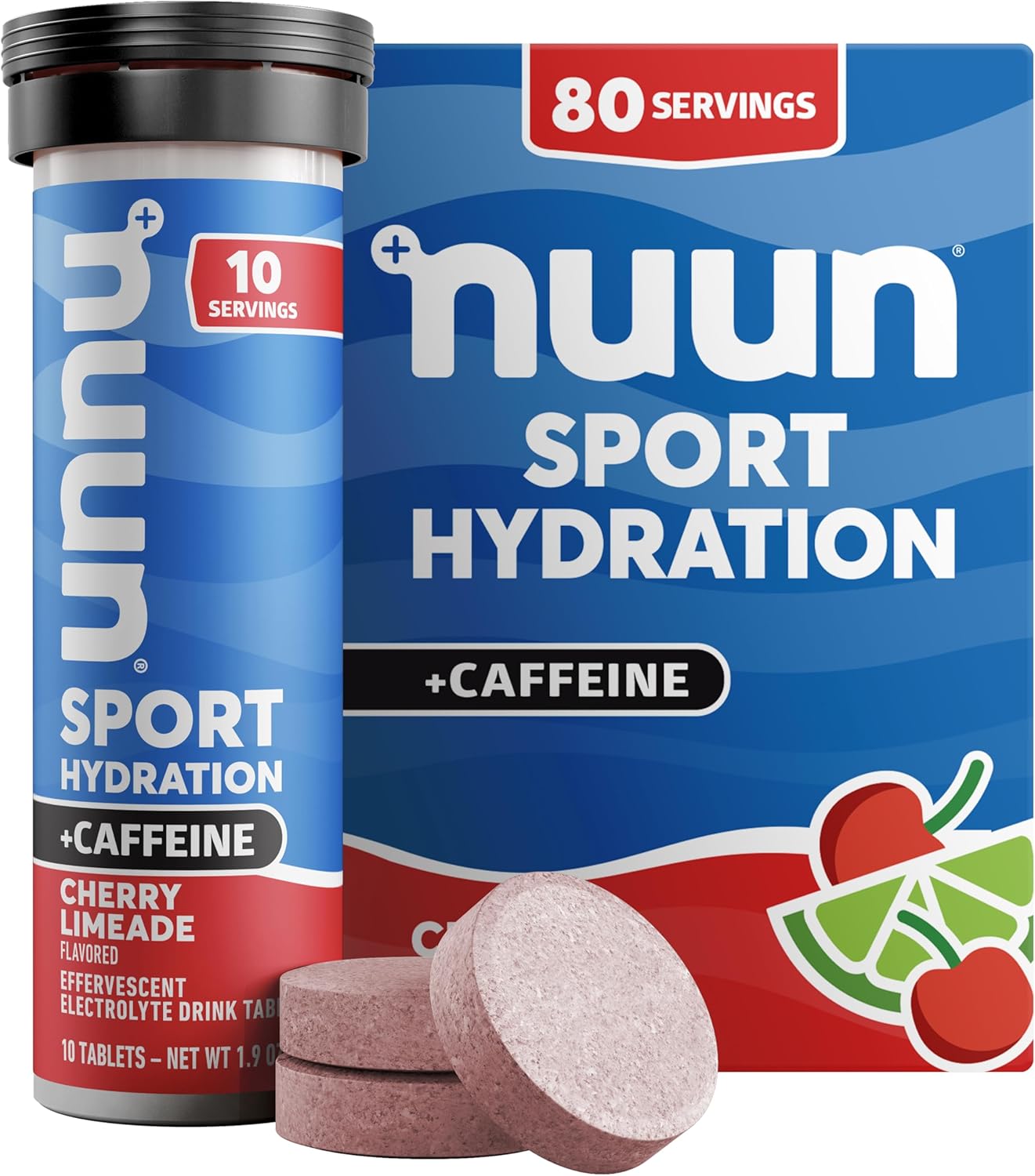 Nuun Sport Electrolyte Tablets with Caffeine from Green Tea Extract, Magnesium, Calcium, Potassium, Chloride & Sodium, Gluten Free & Vegan, Cherry Limeade, 8 Pack (80 Servings Total)