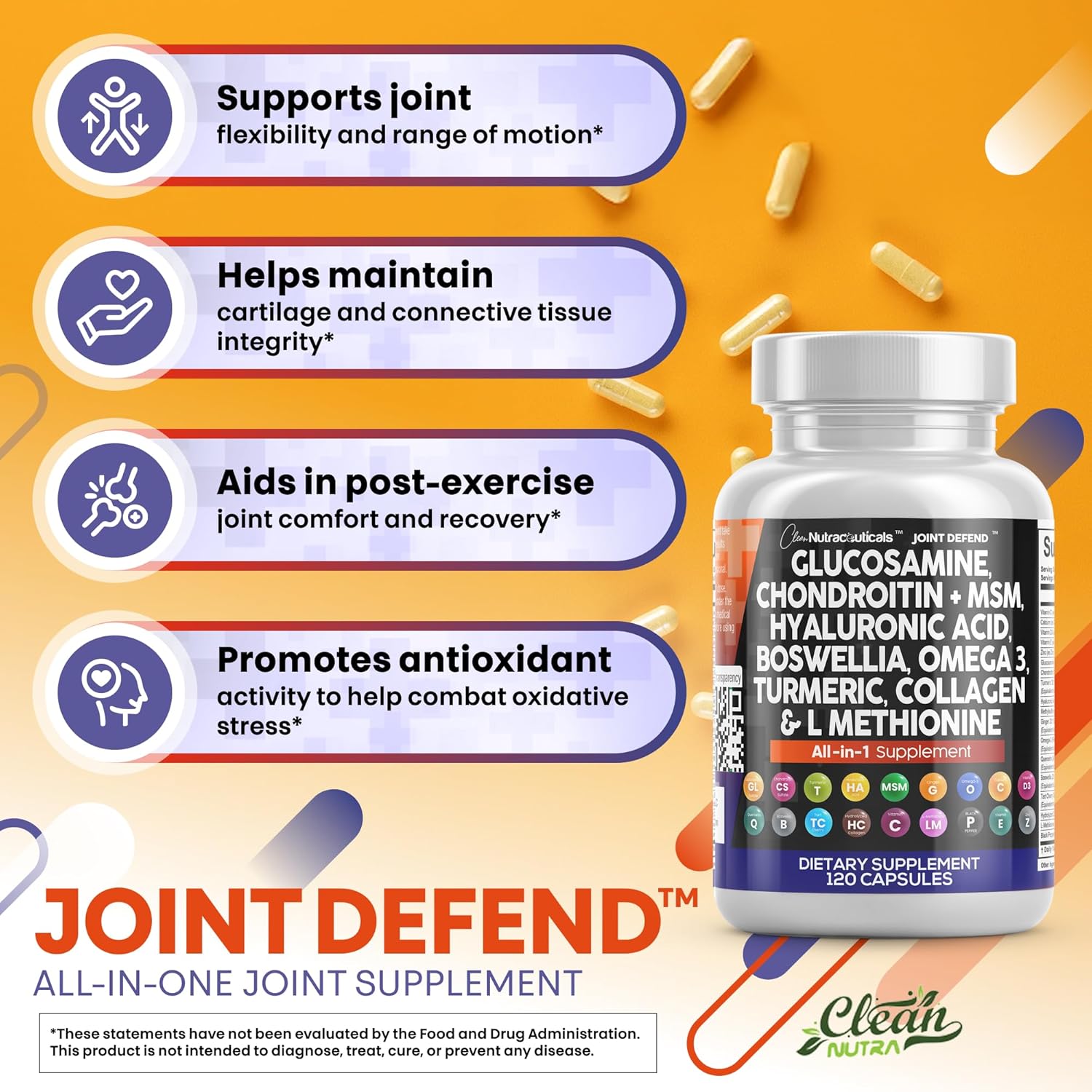 Clean Nutraceuticals Glucosamine Chondroitin MSM 1500mg with Turmeric Curcumin, Collagen, Hyaluronic Acid, Omega 3 – Joint Health Supplement for Men & Women (120 Count (Pack of 2))