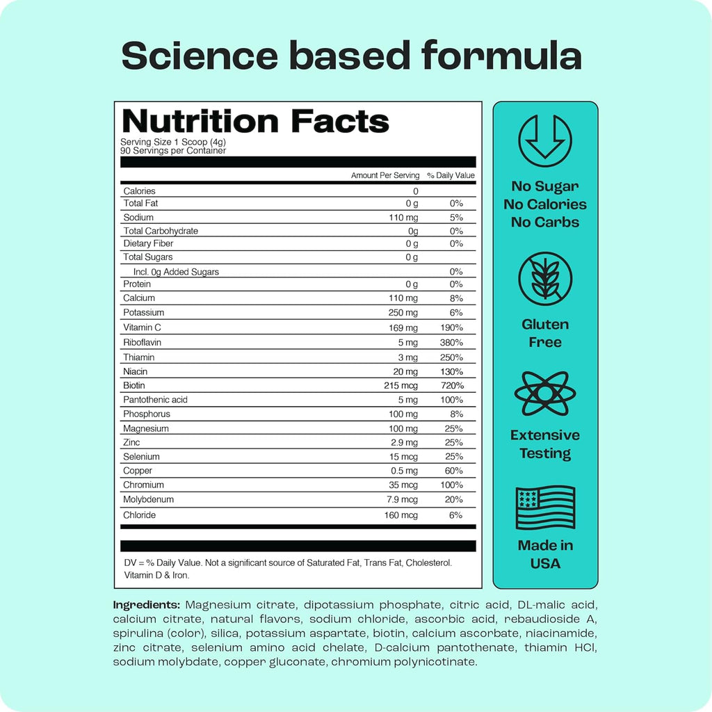 KEY NUTRIENTS Multivitamin Electrolytes Powder No Sugar - Sweet Blue Raspberry Electrolyte Powder - Endurance & Energy Supplement - Hydration Powder - No Calories - 90 Servings - Made in USA
