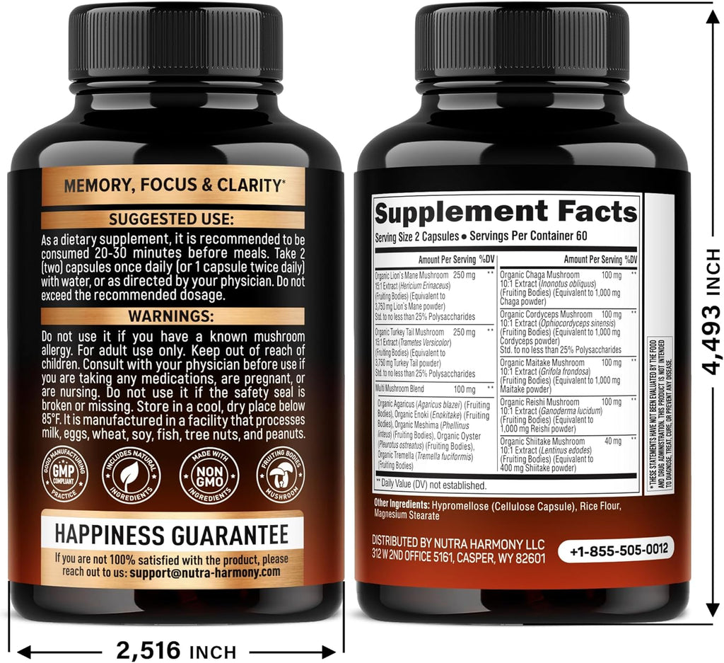 Mushroom Supplement - Organic Lions Mane | Turkey Tail | Chaga | Cordyceps | Reishi | Maitake | Shiitake | Meshima | Tremella | Oyster | Agaricus - Made in USA - Non GMO, Gluten Free - 120 Capsules