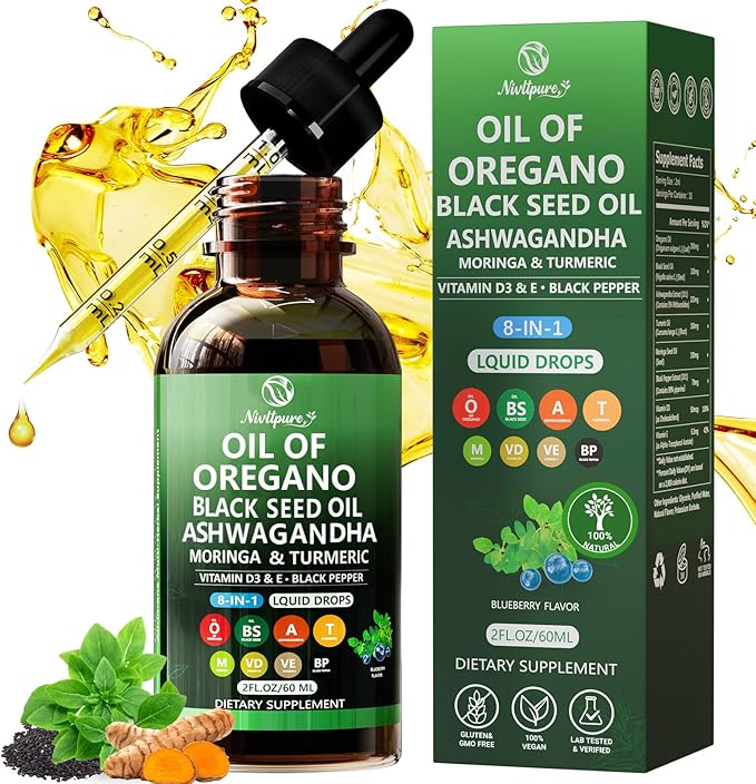 Oil of Oregano with Black Seed Oil | 8 in 1 Organic Oregano Oil Drops with Ashwagandha, Moringa & Turmeric | Natural Herbal Supplements for Immune Support & Stress Relief | Vegan Friendly, 2 Fl Oz