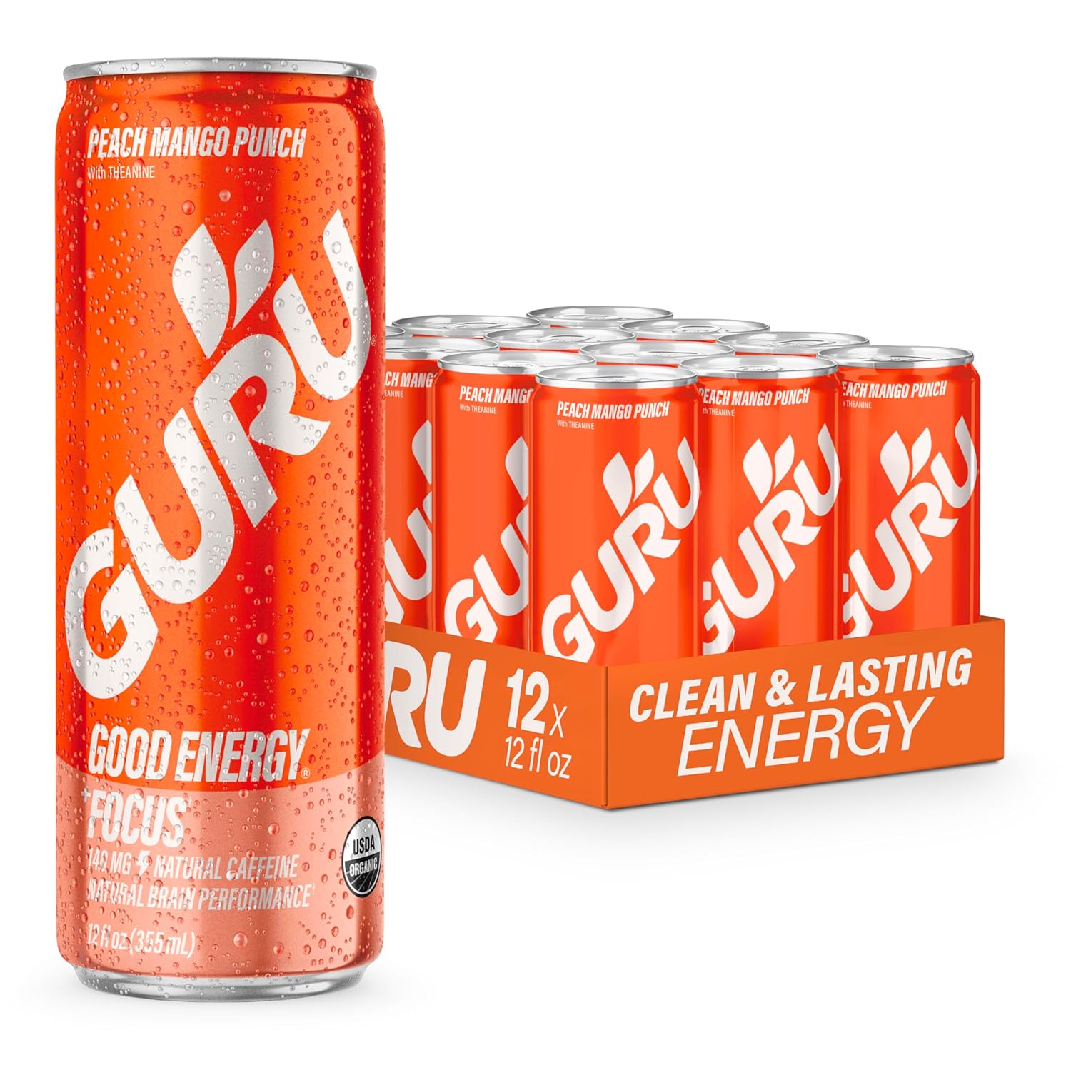GURU Peach Mango Punch Organic Energy Drinks, Clean Energy Drink with Plant Based Natural Caffeine from Green Tea + Focus with L Theanine, Gluten Free and Vegan, 140MG Caffeine, 12oz (Pack of 12)