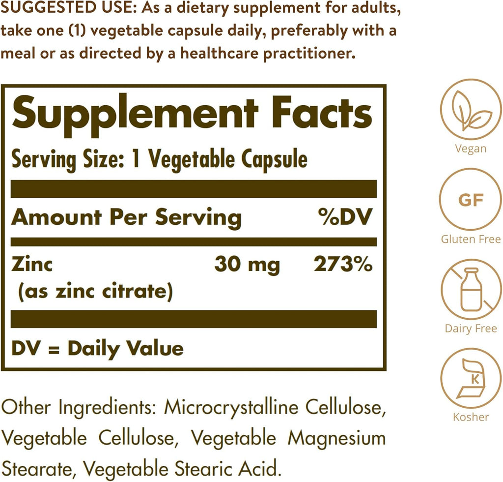 Solgar Zinc Citrate Vegetable Capsules, 100 Count, Non-GMO, Gluten Free, and Kosher, Supports Immune System Health, Healthy Skin and Eyes, Normal Taste and Vision