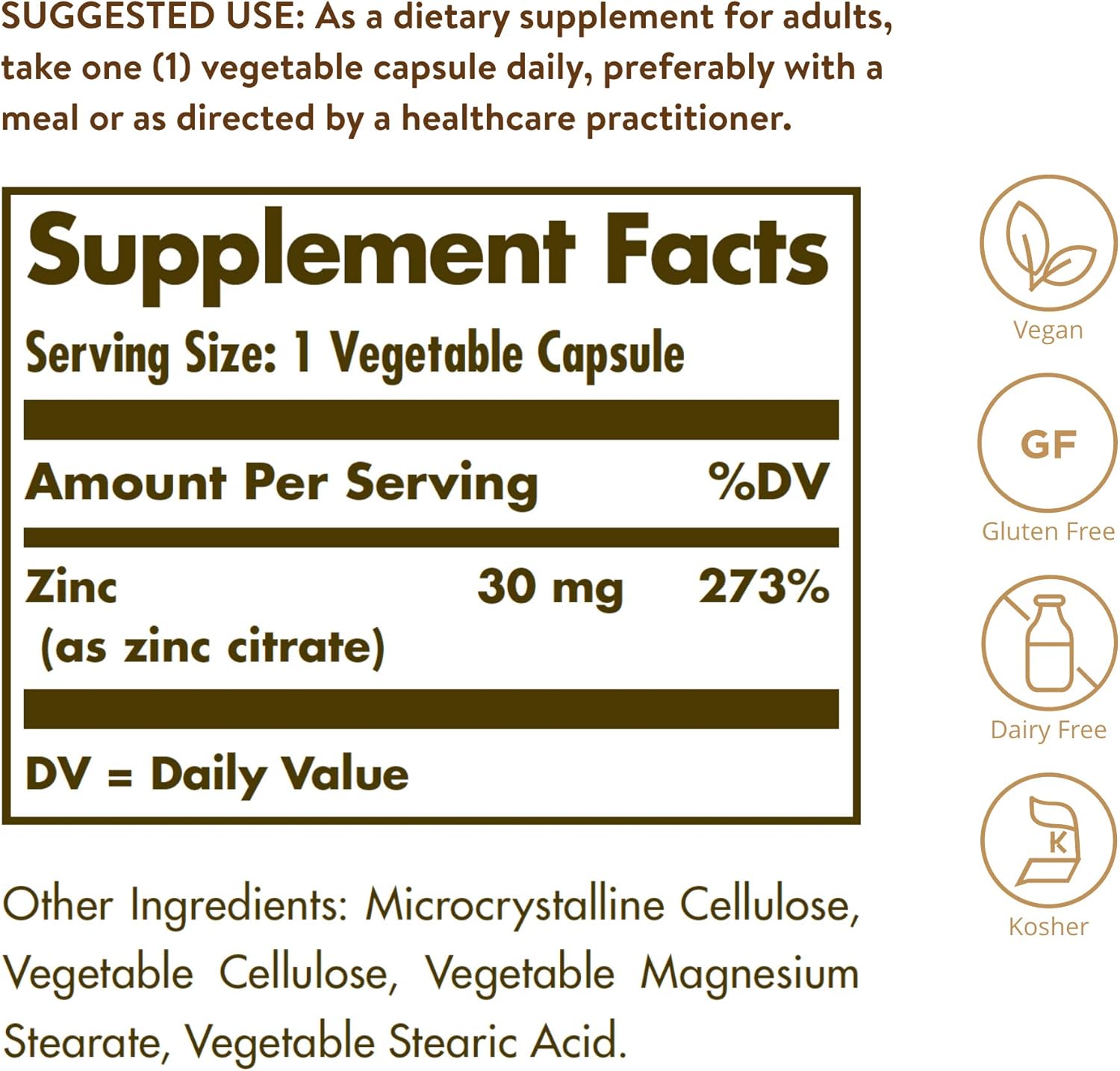 Solgar Zinc Citrate Vegetable Capsules, 100 Count, Non-GMO, Gluten Free, and Kosher, Supports Immune System Health, Healthy Skin and Eyes, Normal Taste and Vision