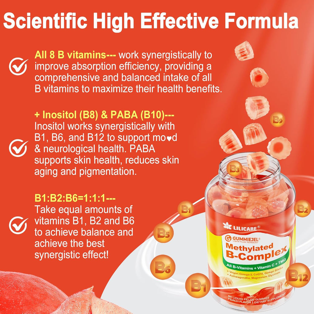 Women's & Men's Super Vitamin B Complex Filled Gummies, Methylated w/Omega 3, Magnesium,CoQ10, Ashwagandha,Vitamin C, TMG, Sugar Free - 60 Count (Pack of 2)