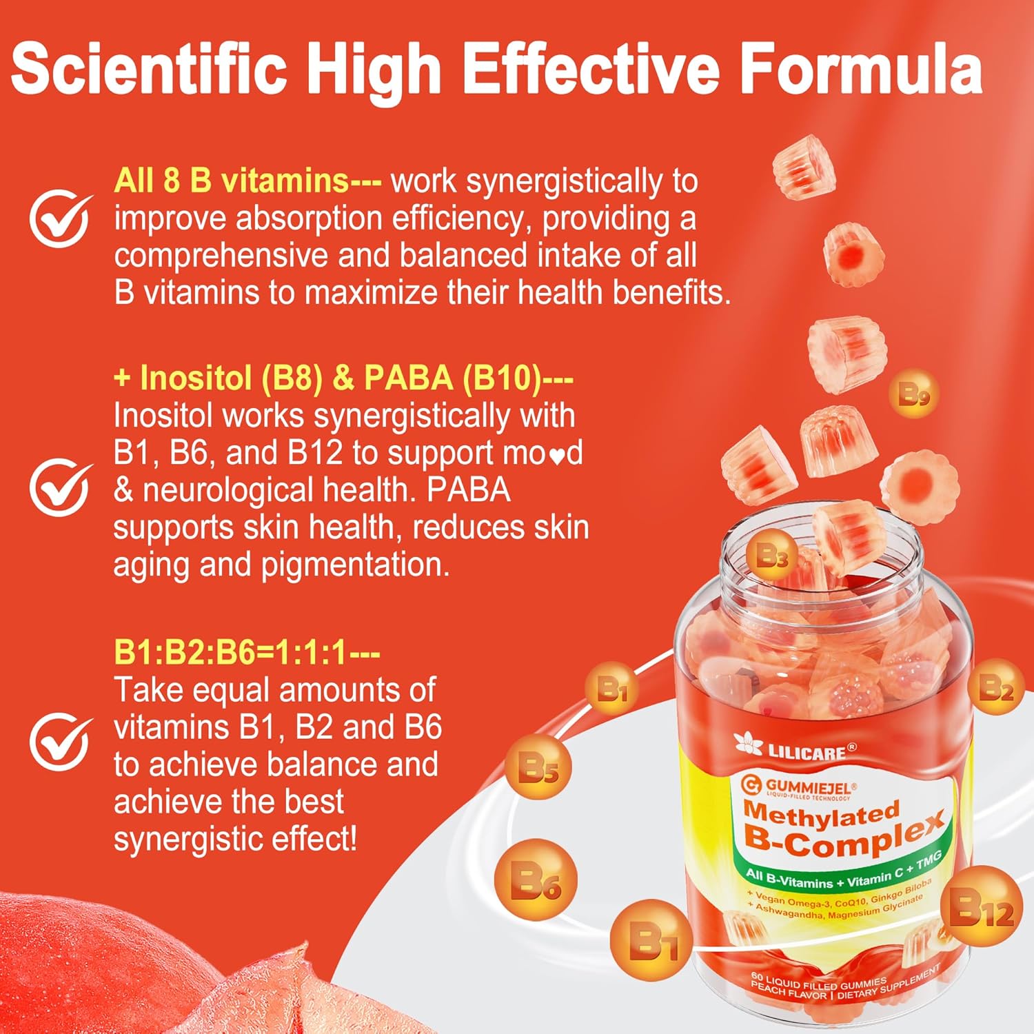 Women's & Men's Super Vitamin B Complex Filled Gummies, Methylated w/Omega 3, Magnesium,CoQ10, Ashwagandha,Vitamin C, TMG, Sugar Free - 60 Count (Pack of 2)