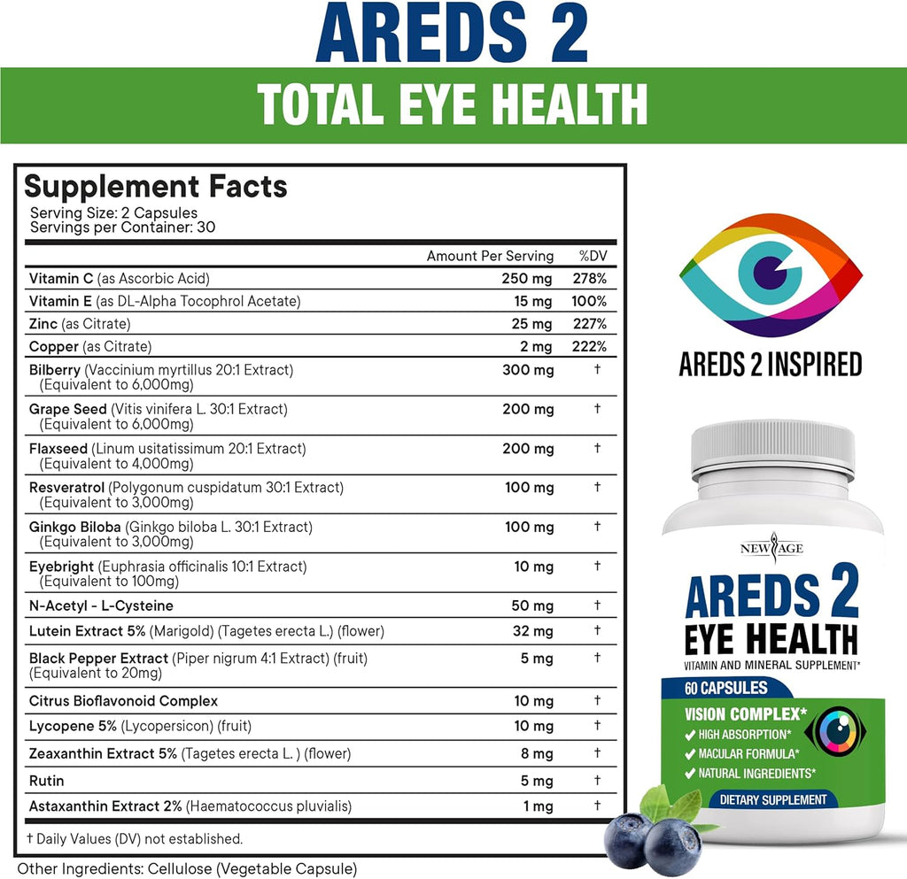NEW AGE AREDS 2 Eye Vitamins - Lutein, Zeaxanthin, Bilberry, Astaxanthin Mineral Vision Supplement - 180 Count