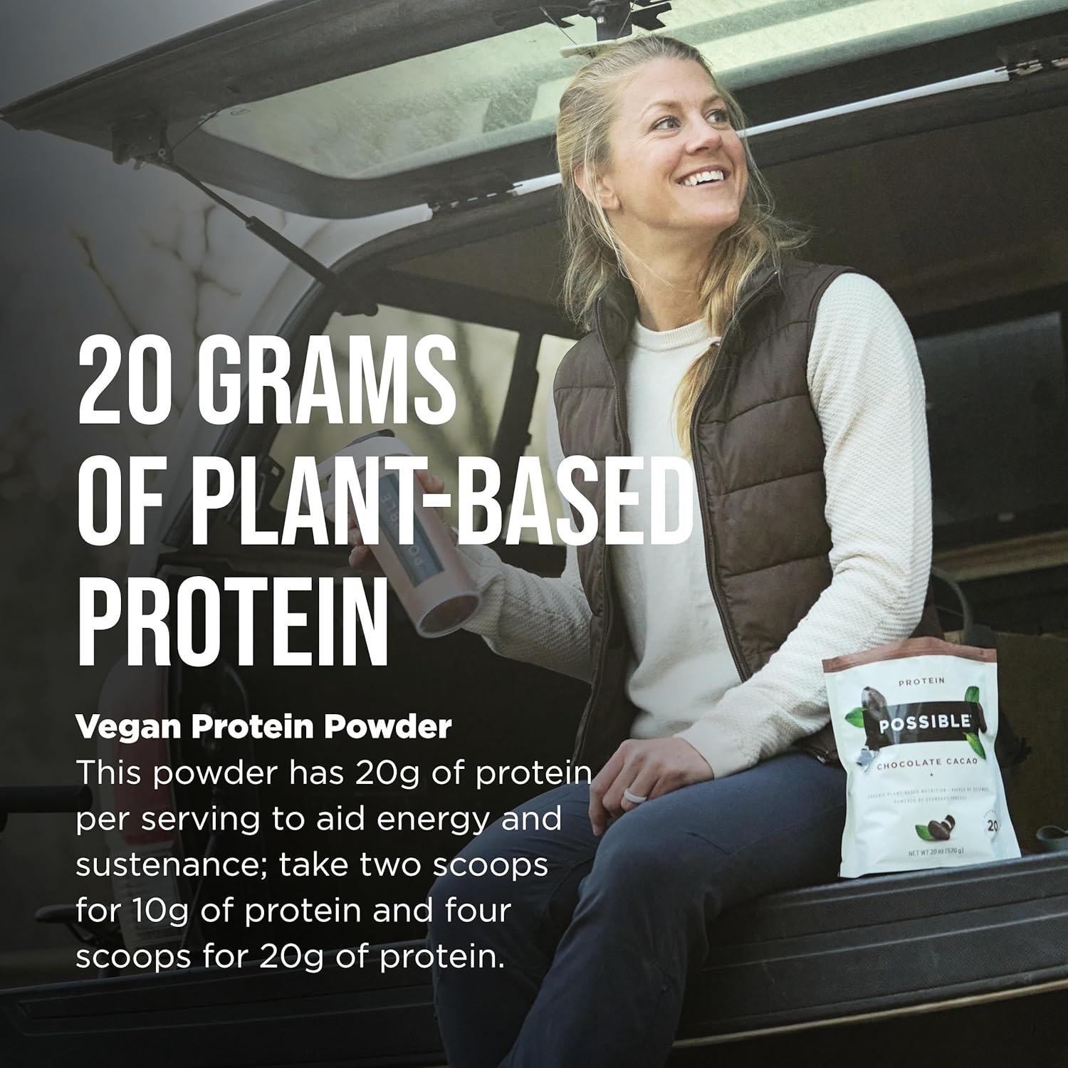 Possible Protein Powder Chocolate Cacao - 20g of Vegan, Plant-Based Protein Mix - Non-GMO, Non-Dairy, Gluten-Free - 3.5g of BCAAs - 9 Essential Amino Acids - 15-Day Supply - 1 Bag, 15 Servings