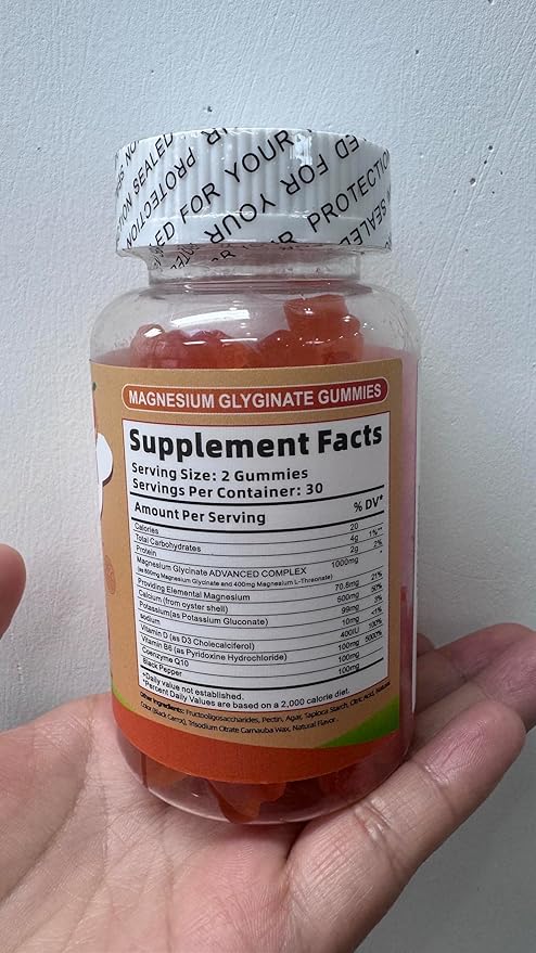 Magnesium Glycinate Gummies 1000mg - Sugar Free Magnesium Potassium Supplement with Vitamin D, B6, CoQ10 for Calm Mood & Sleep Support - 60 Orange Gummies