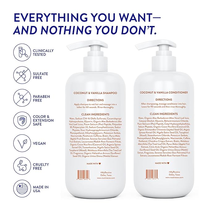Routine Wellness Shampoo and Conditioner Set and Hair Serum for Thinning Hair - DHT Blocker Women & Men - Color Safe Shampoo for Hair Loss & Healthier Hair - Coconut & Vanilla Set + Serum