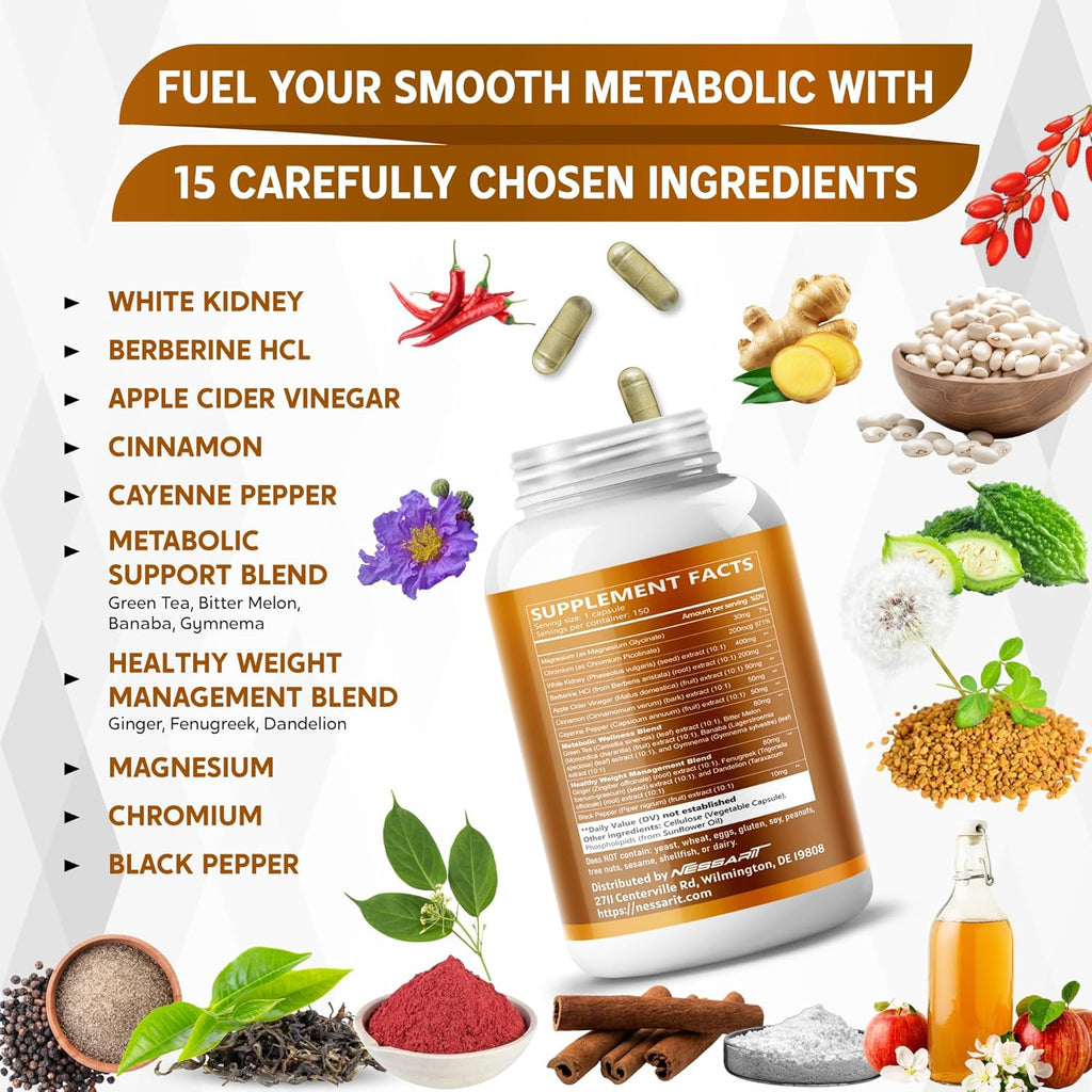 White Kidney Bean, Berberine, Apple Cider Vinegar, Cinnamon & Cayenne – Support Metabolism & Healthy Digestion – 150 Capsules
