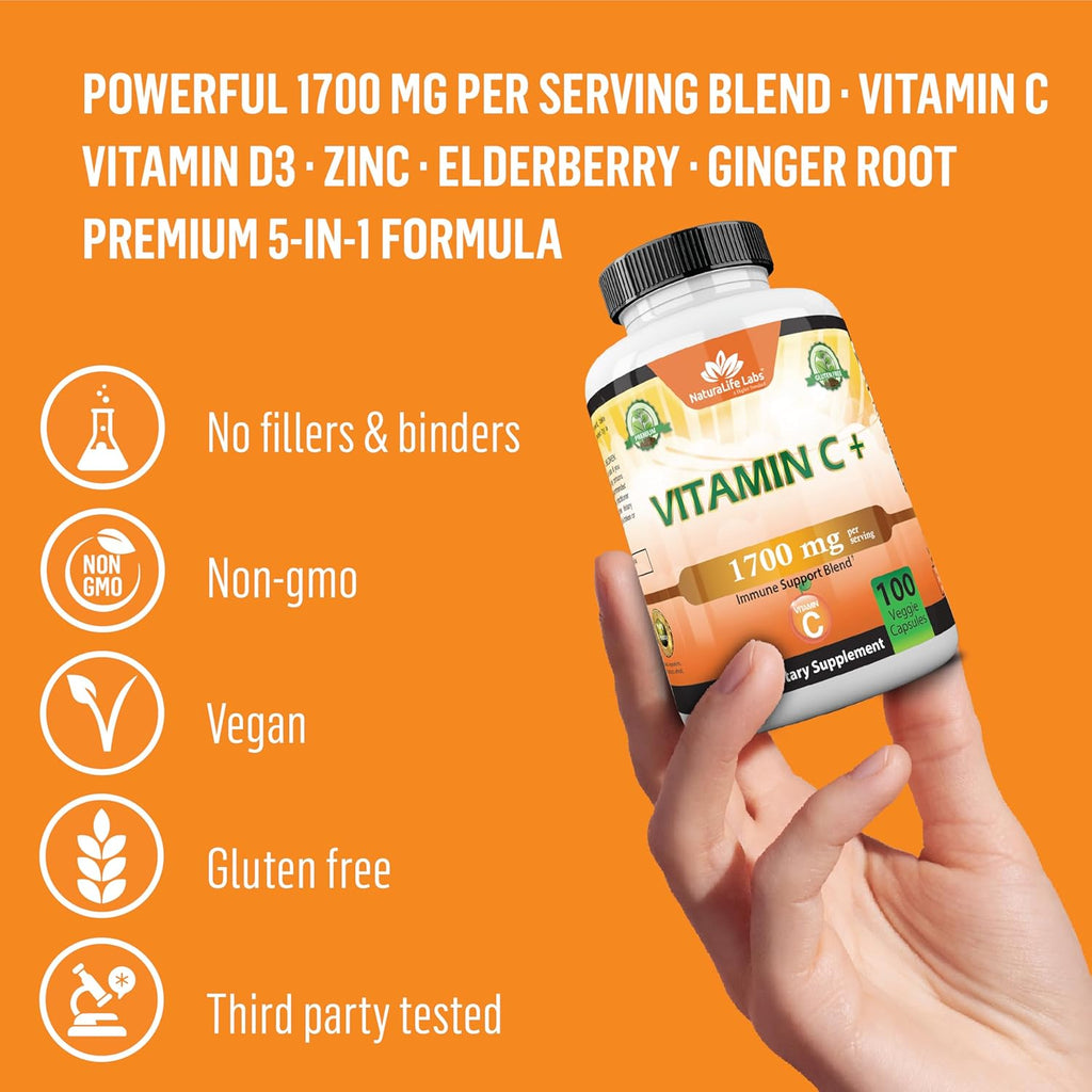 NaturaLife Labs A Higher Standard Vitamin C 1,700 MG with Vitamin D3, Zinc, Elderberry, Ginger Root - Maximum Strength Multi System Immune Support- 100 Veggie Capsules