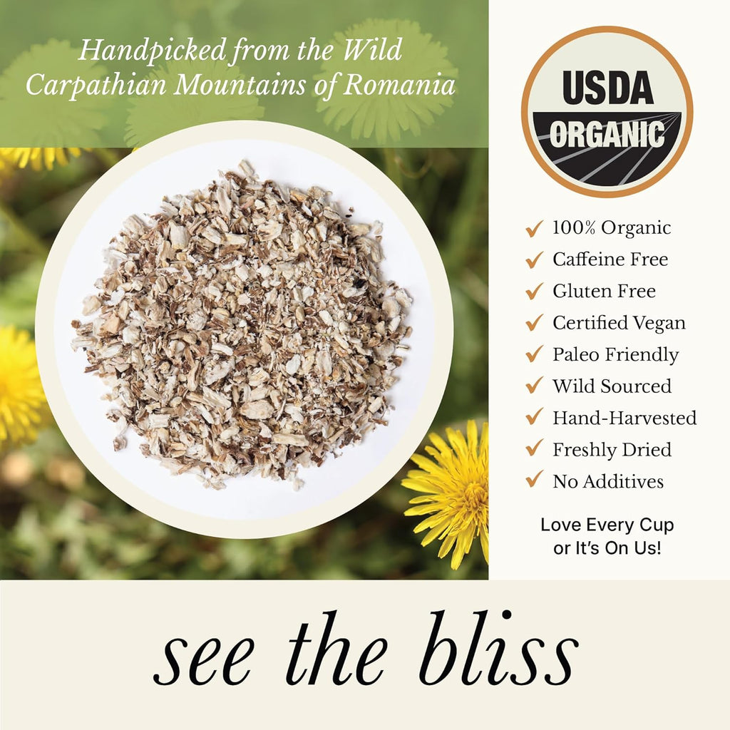 Wild Bliss Organic Wild Raw Dandelion Root Tea - Pharmacopoeia Quality Caffeine Free Herbal Detox Support - 25 Plant Based Tea Bags