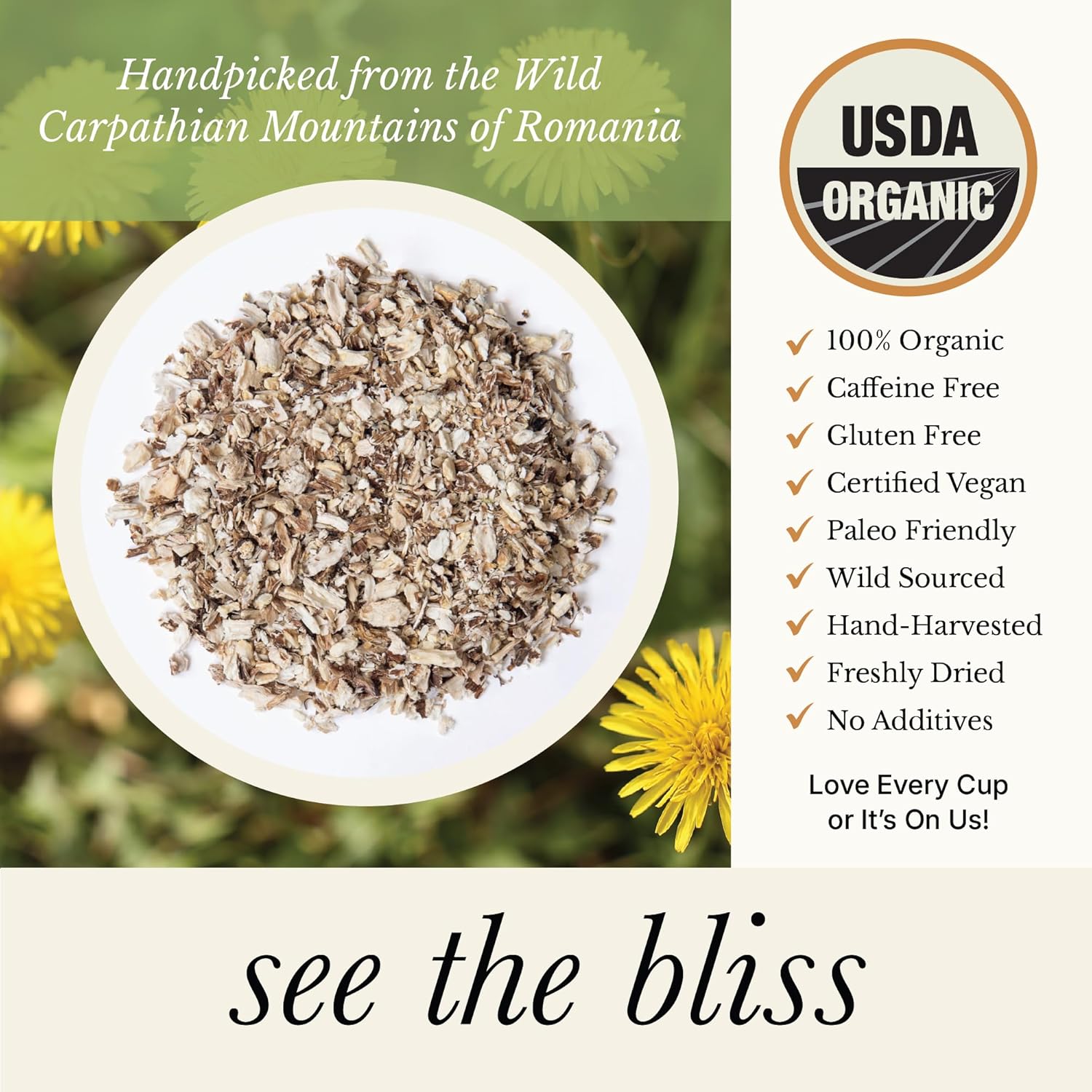 Wild Bliss Organic Wild Raw Dandelion Root Tea - Pharmacopoeia Quality Caffeine Free Herbal Detox Support - 25 Plant Based Tea Bags