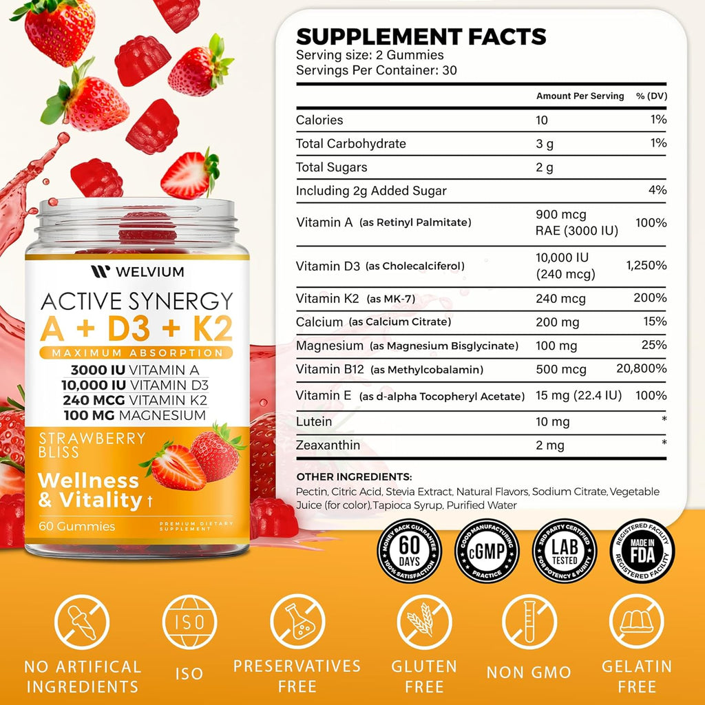 Vitamin D3 K2 Gummies 10000 IU with Magnesium Glycinate, Calcium, B12, K2 MK-7, Vitamins A, E, Lutein, Zeaxanthin - ADK Chewable Supplement for Bone, Heart, Eye, Immune Support - D3K2 Gummies