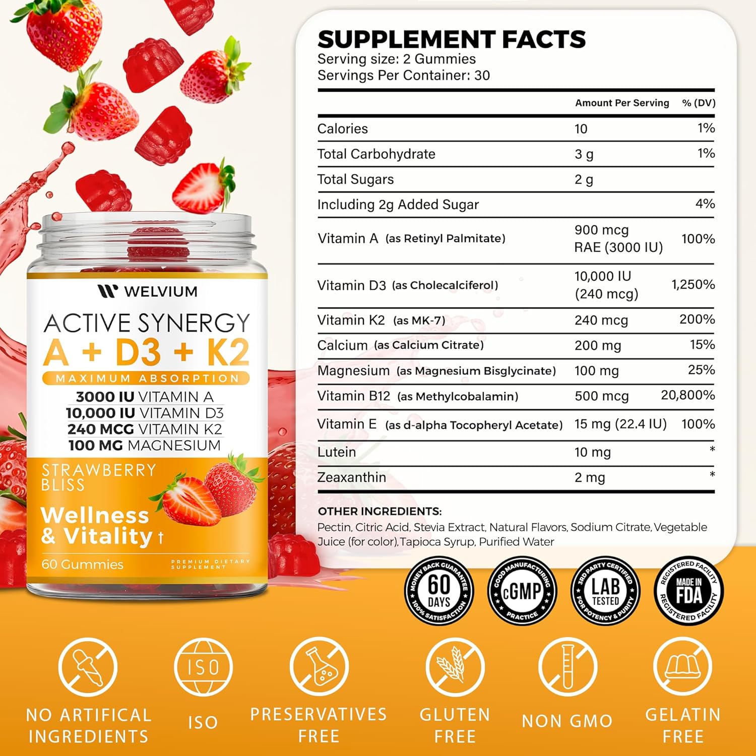 Vitamin D3 K2 Gummies 10000 IU with Magnesium Glycinate, Calcium, B12, K2 MK-7, Vitamins A, E, Lutein, Zeaxanthin - ADK Chewable Supplement for Bone, Heart, Eye, Immune Support - D3K2 Gummies