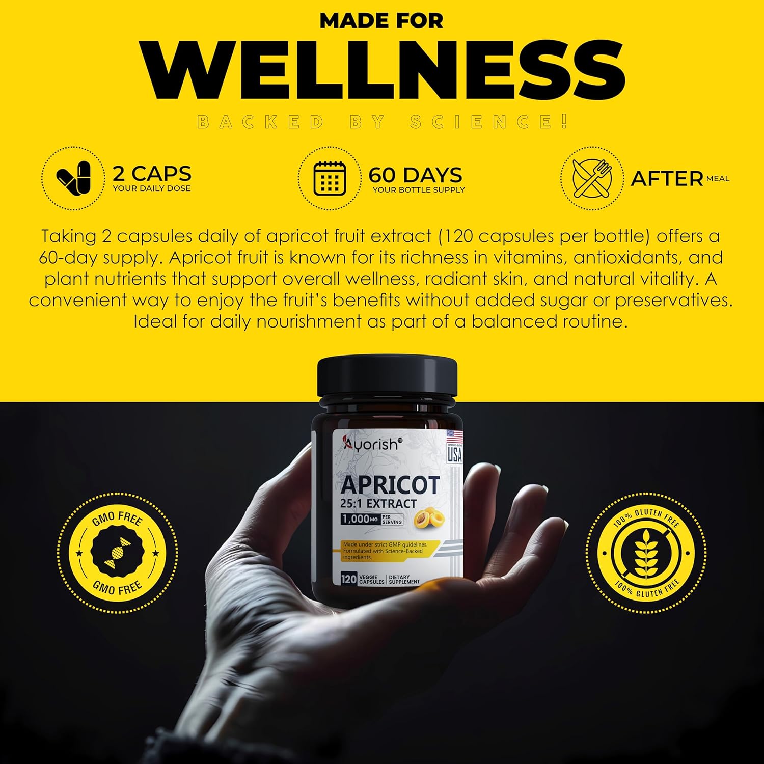 Apricot Extract 25:1, 500 mg per Capsule 1000 mg Per Servings Immune Support Herbal Supplements (Pack of 1) (120 Capsules)