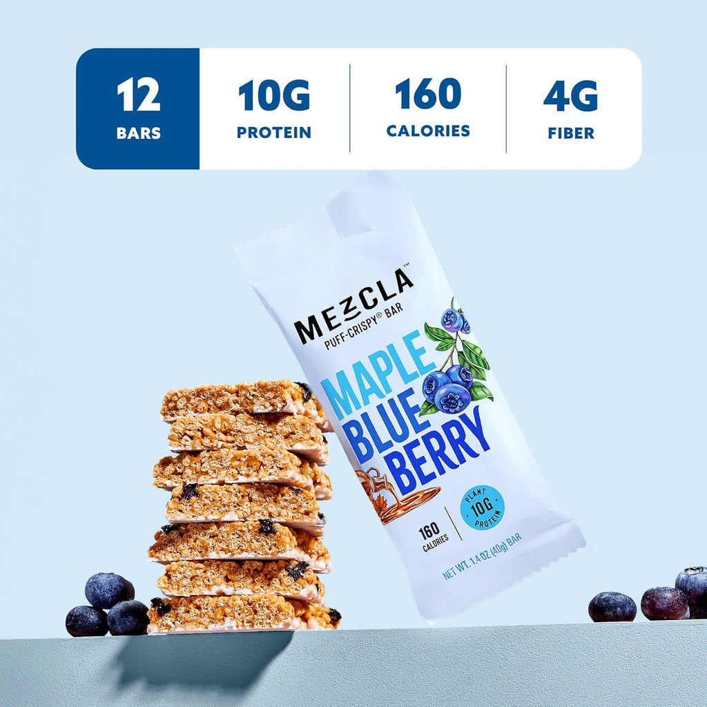 Mezcla Puff Crispy Protein Bars, Gluten Free & Vegan Protein Bars, 10g Protein, Alt for Crispy Rice Treat, Granola Bars & Breakfast Bars, Healthy Snacks for Adults, Maple Bluberry, 12 Pack