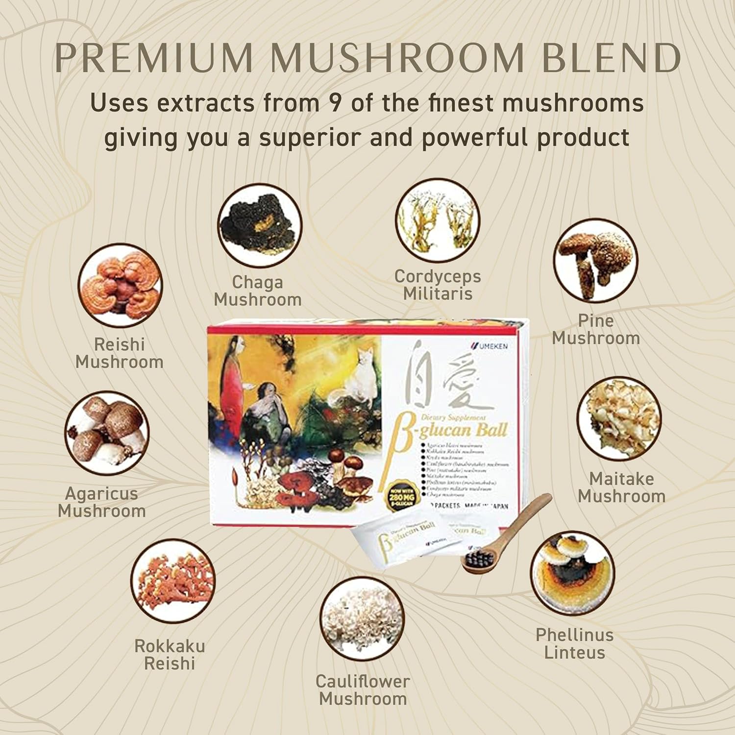 Umeken Beta Glucan, Immune Boost, Mushroom Extract, Dietary Supplement, Blend of 9 Premium Mushroom Extract Packets, Easy to Take Beta Glucan Supplements, 3 Month Supply, 90 Count Box, Pack of 1