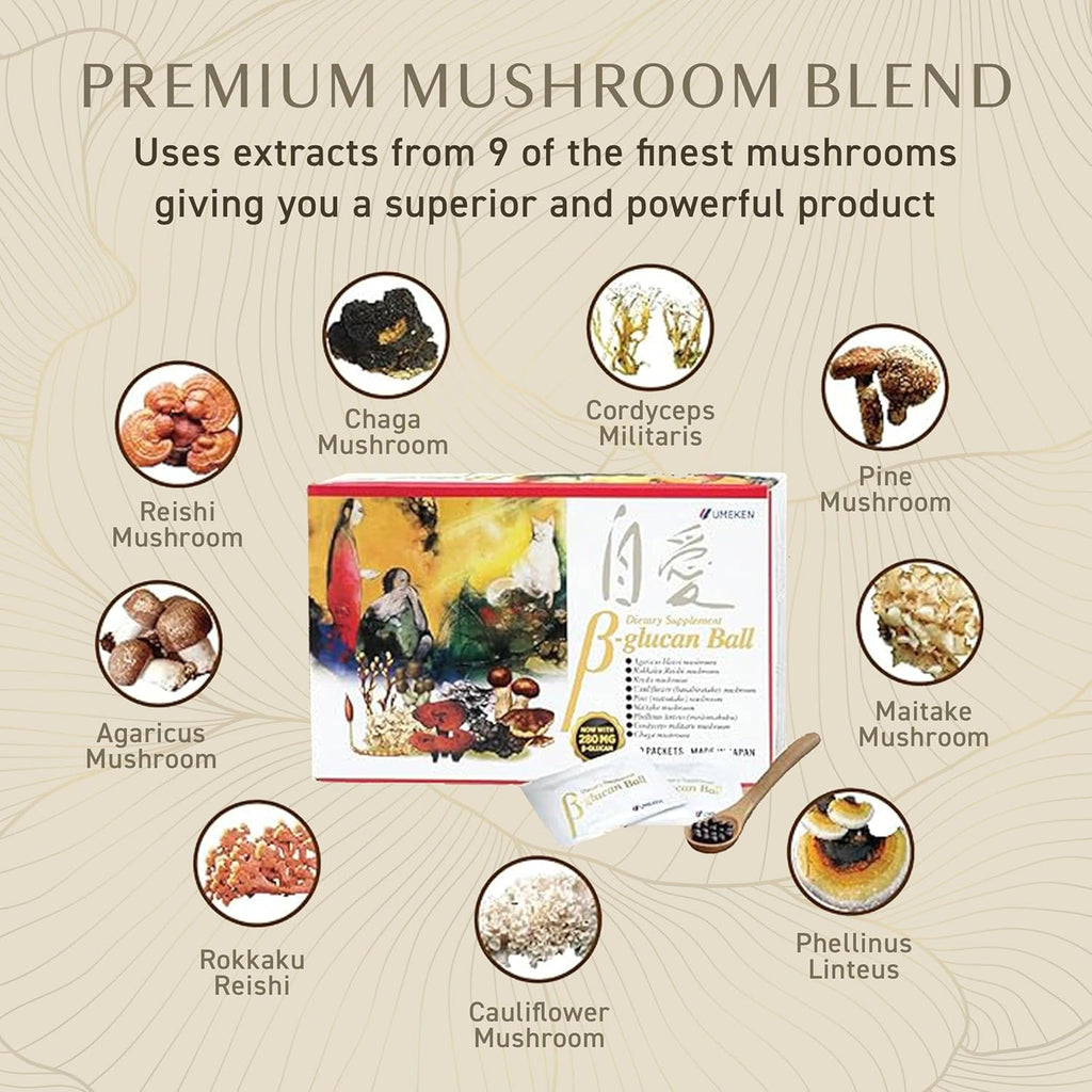 Umeken Beta Glucan, Immune Boost, Mushroom Extract, Dietary Supplement, Blend of 9 Premium Mushroom Extract Packets, Easy to Take Beta Glucan Supplements, 6 Month Supply, 90 Count Box, Pack of 2