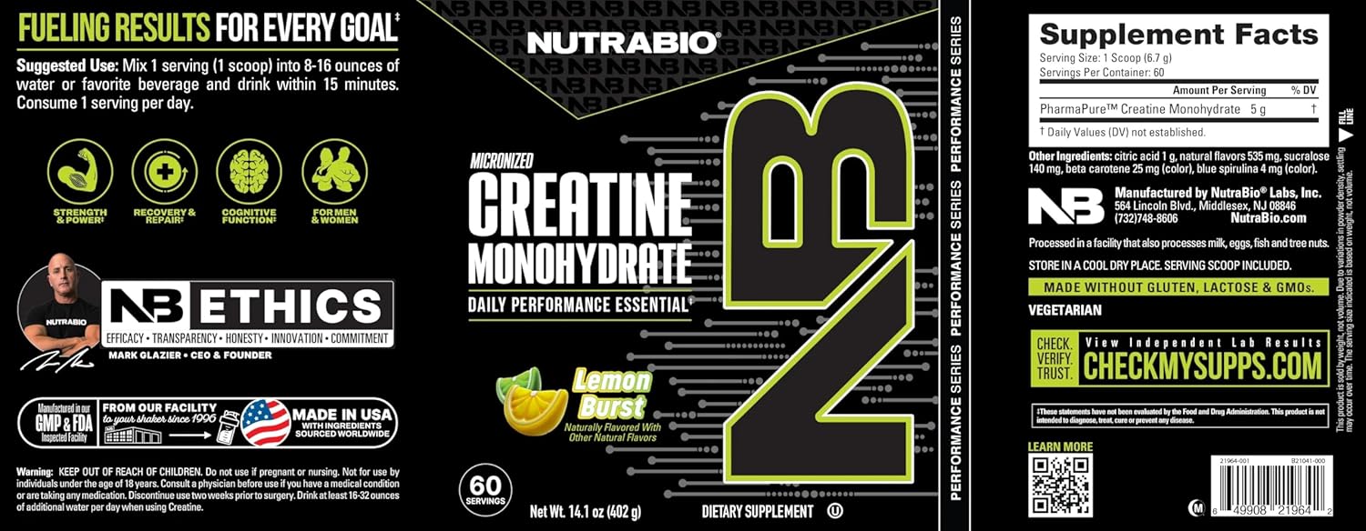 NutraBio Pure Micronized Creatine Monohydrate Powder Supplement, Lemon Burst, (300 g) - Supports Bulk Muscle Energy, Recovery, and Strength - HPLC Tested Creatine Powder Supplement for Men and Women