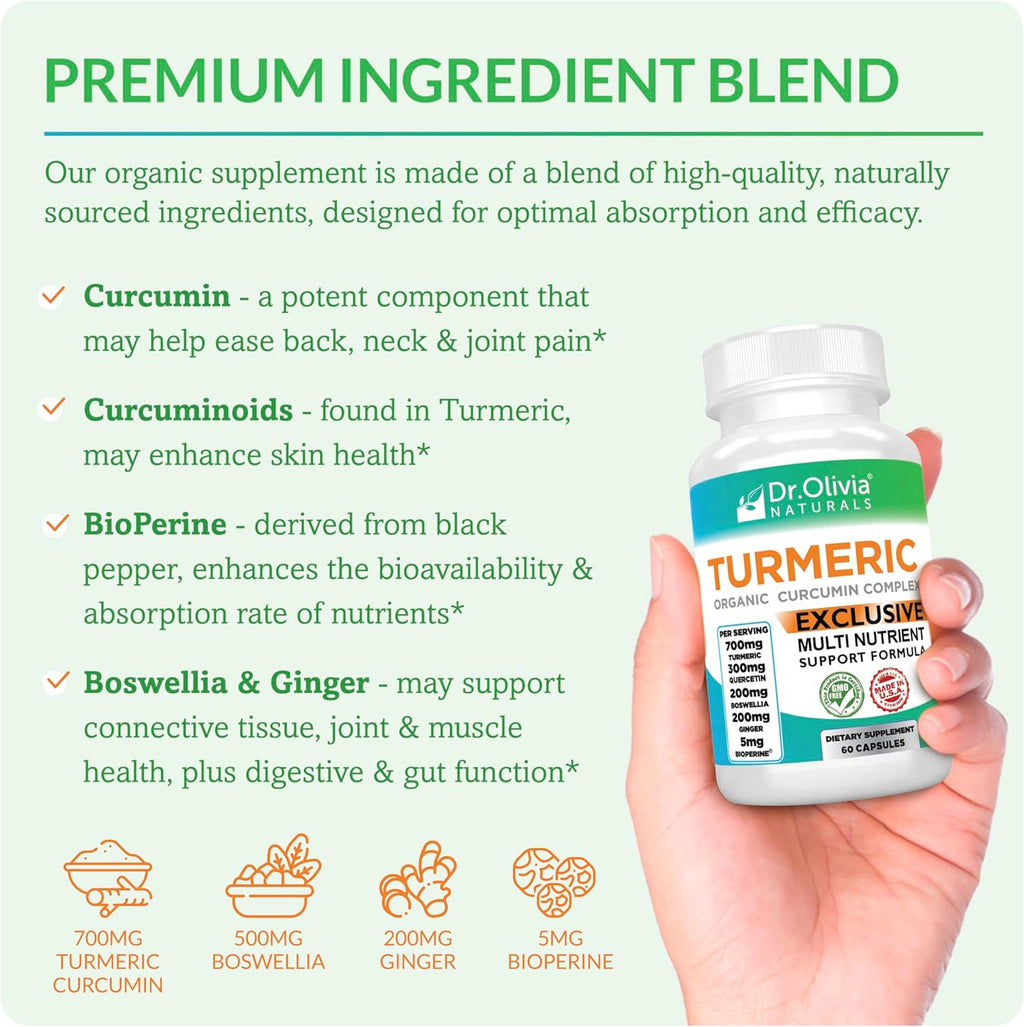 Organic Turmeric Complex - Turmeric Curcumin Supplement with Boswellia, Black Pepper, Ginger & BioPerine for Gut, Muscle, & Joint Support - 60 Capsules