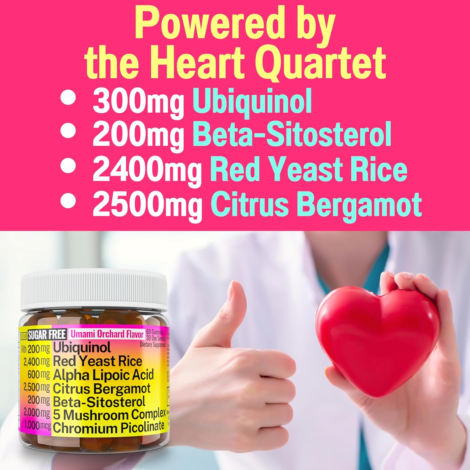 Red Yeast Rice Alpha Lipoic Acid Ubiquinol CoQ10 Citrus Bergamot Beta-Sitosterol Chromium Picolinate Sugar-Less Gummies w Lion's Mane Turkey Tail Reishi Cordyceps Chaga, Pills Capsules Supplement Alt